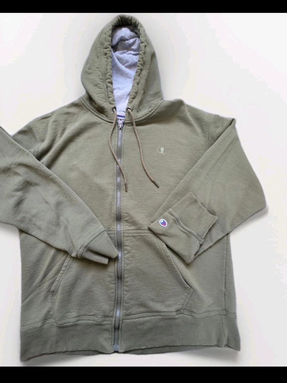Champion Olive Zip-Up Hoodie with Contrast Lining Size LARGE